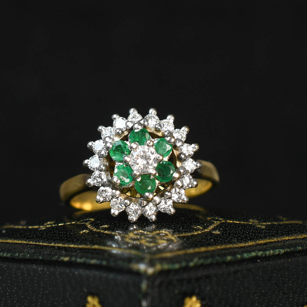 Vintage Emerald & Diamond Flower Halo Ring
