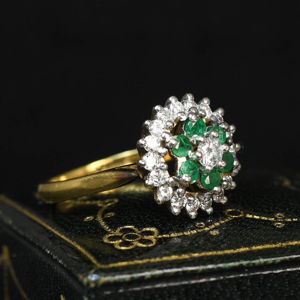 Vintage Emerald & Diamond Flower Halo Ring