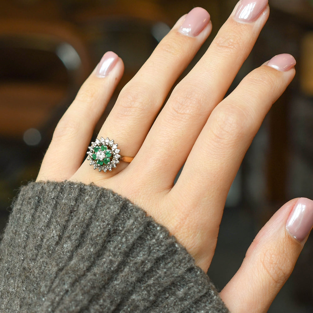 Vintage Emerald & Diamond Flower Halo Ring