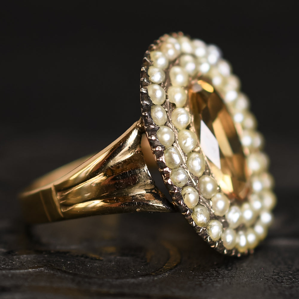 Georgian Topaz & Pearl Double Halo Ring