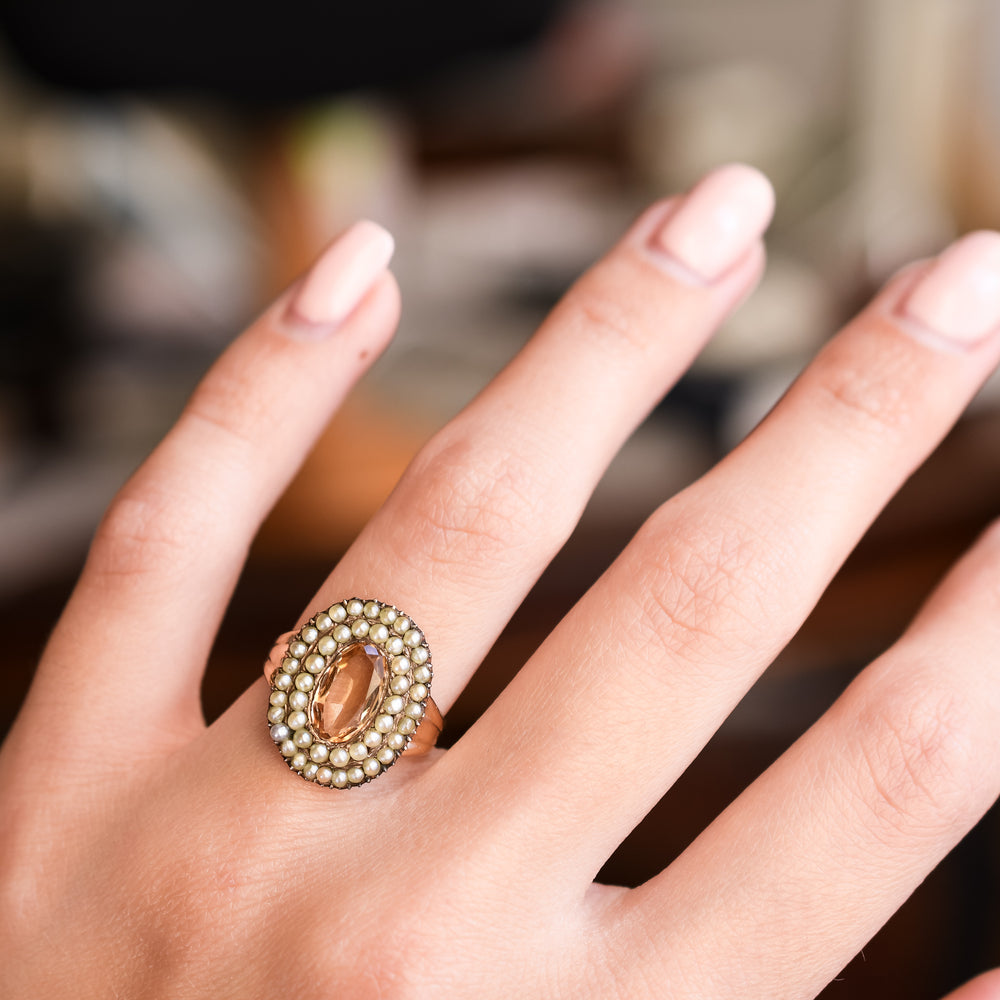 Georgian Topaz & Pearl Double Halo Ring