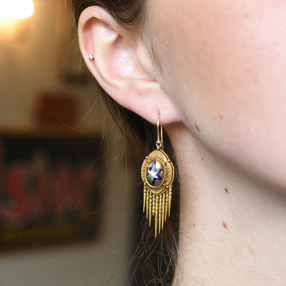 Etruscan Revival Diamond Star Tassel Earrings