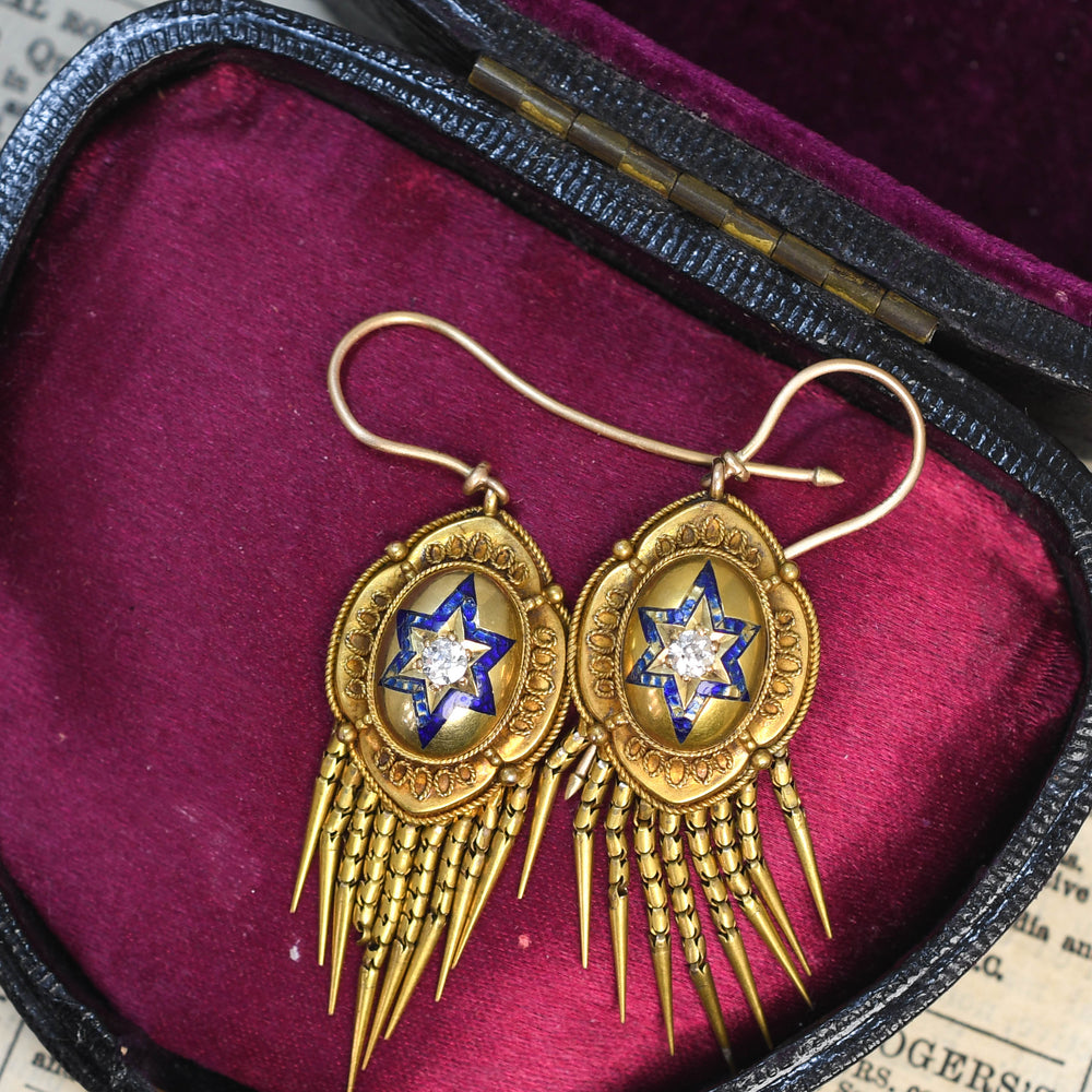 Etruscan Revival Diamond Star Tassel Earrings