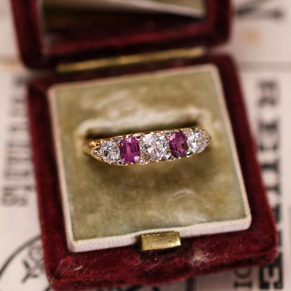 Edwardian Ruby & Diamond Scrolled 5-Stone Ring