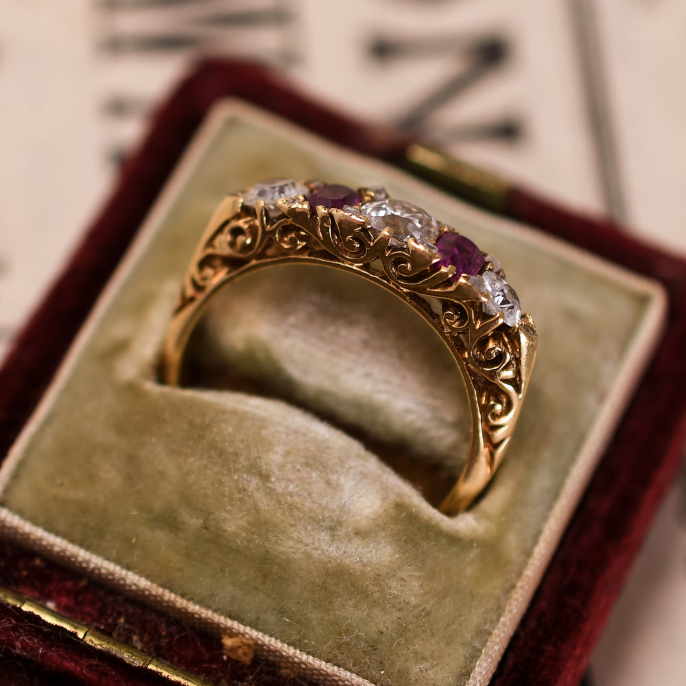 Edwardian Ruby & Diamond Scrolled 5-Stone Ring