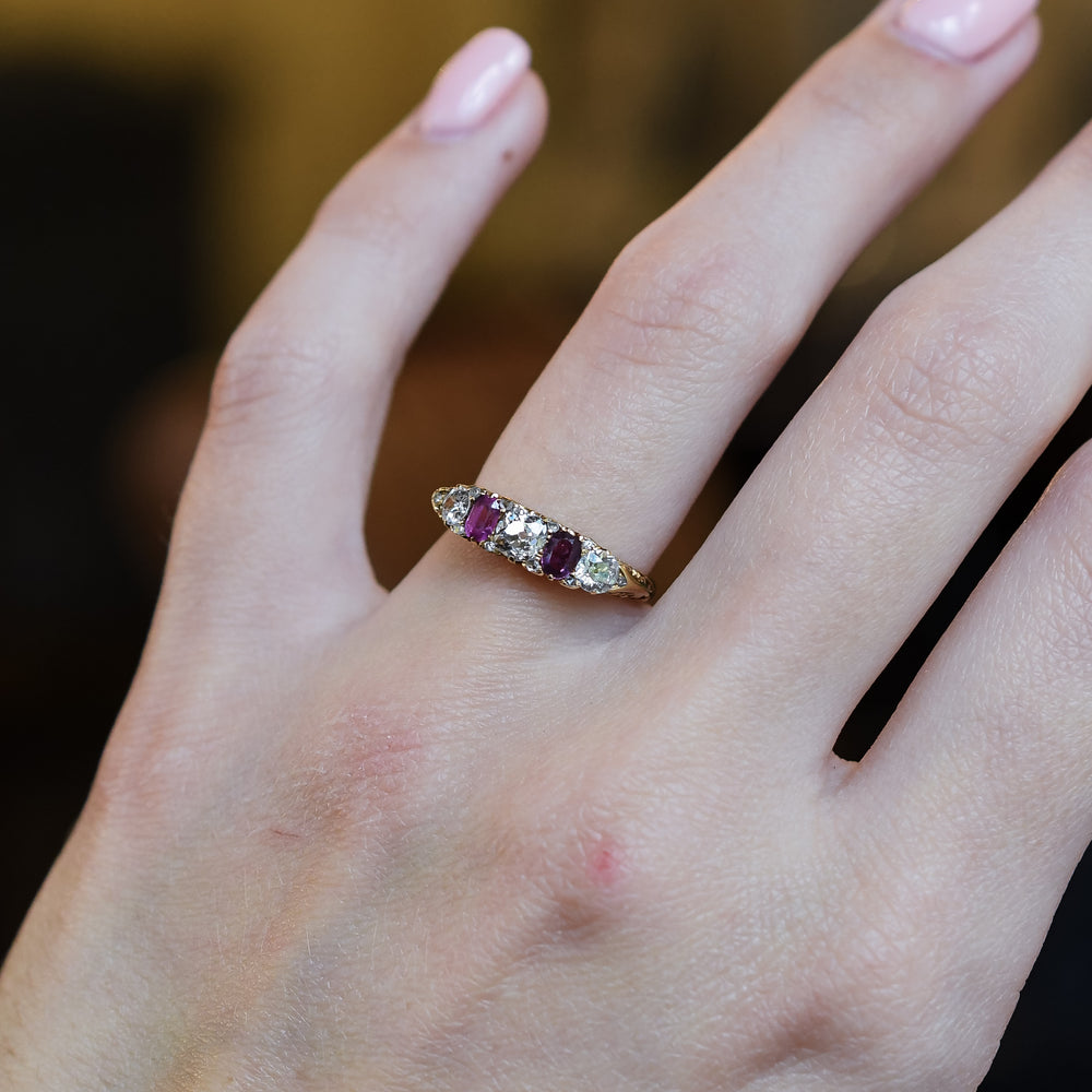 Edwardian Ruby & Diamond Scrolled 5-Stone Ring
