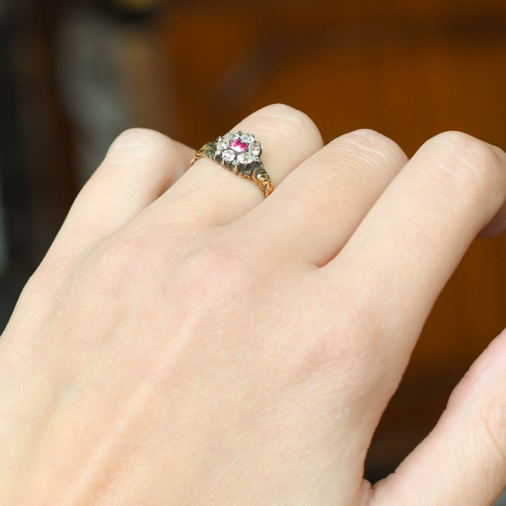Georgian Burma Ruby & Diamond Enamel Cluster Ring
