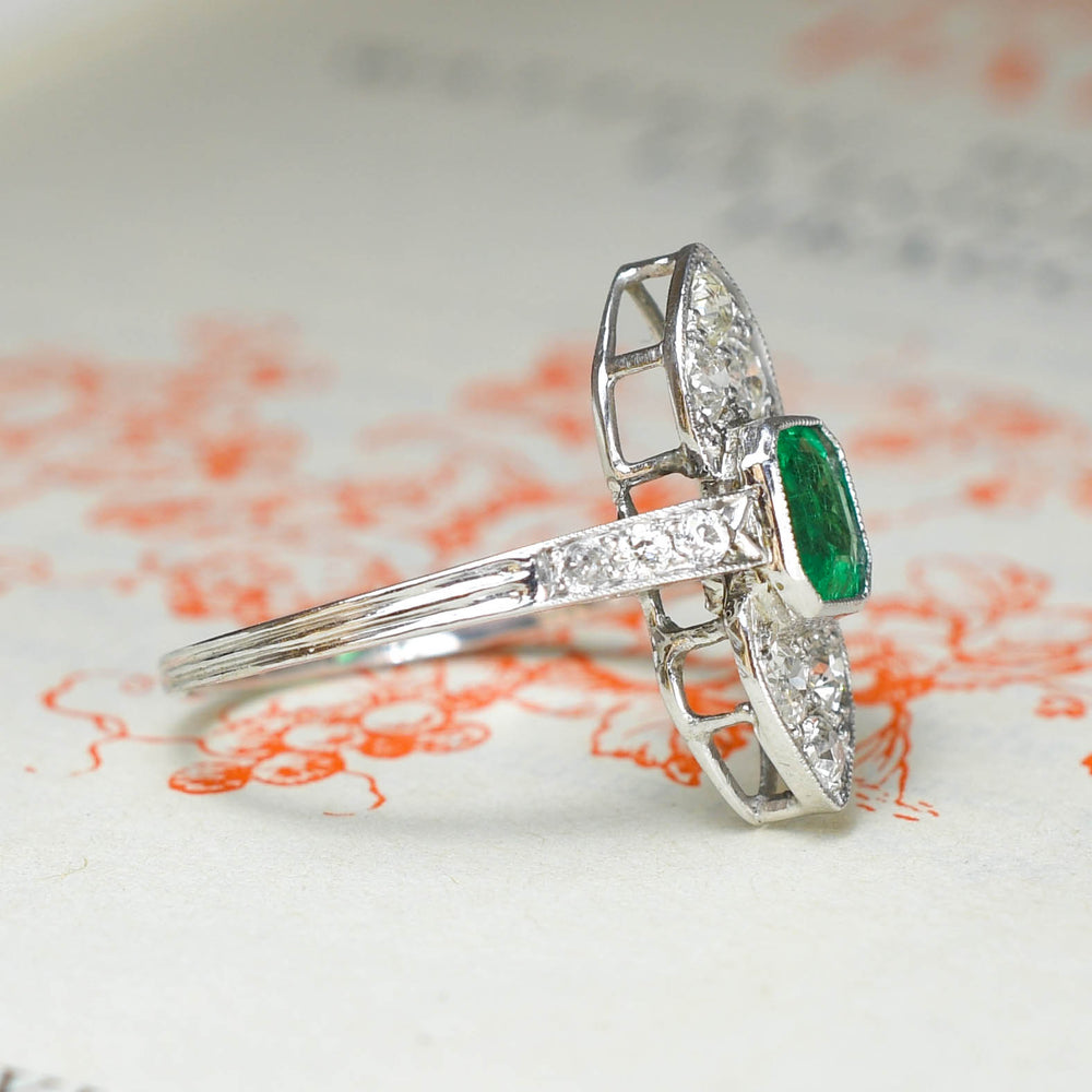 Edwardian Emerald & Diamond North/South Cluster Ring