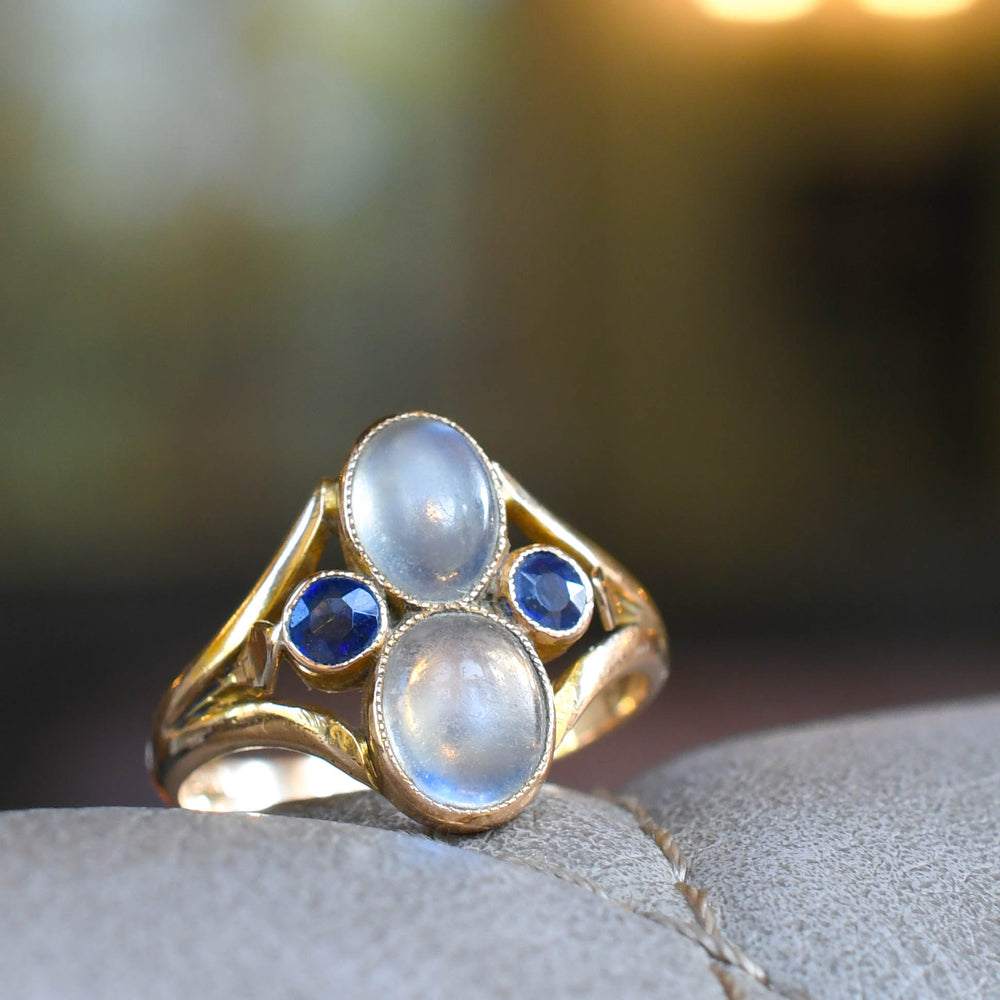 Arts & Crafts Moonstone & Sapphire Cluster Ring