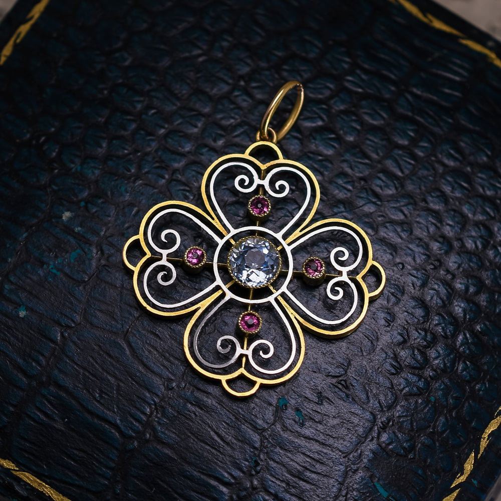 Edwardian Aquamarine & Ruby Flower Pendant