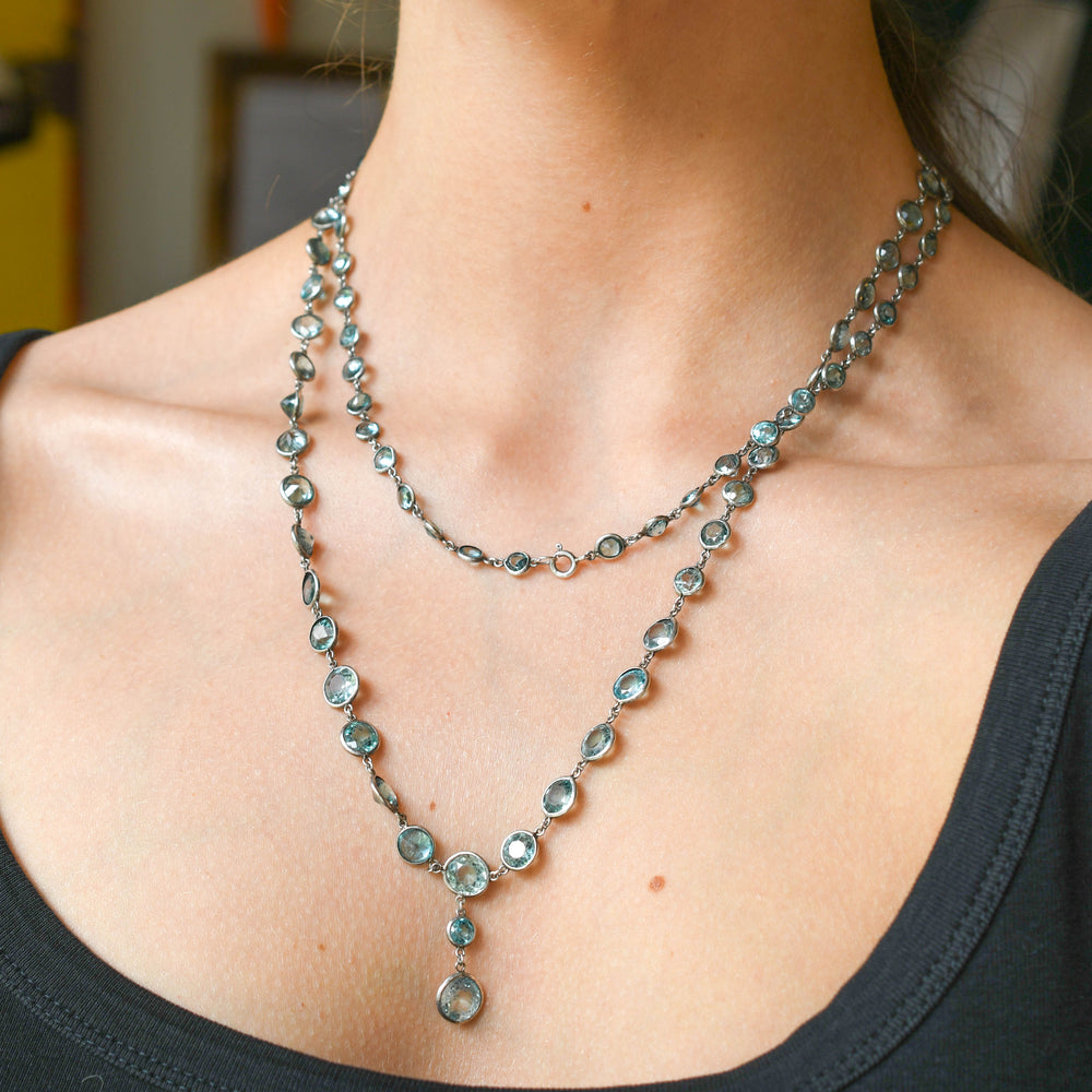 Edwardian Blue Zircon Silver Long Chain