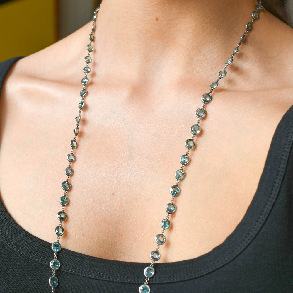 Edwardian Blue Zircon Silver Long Chain