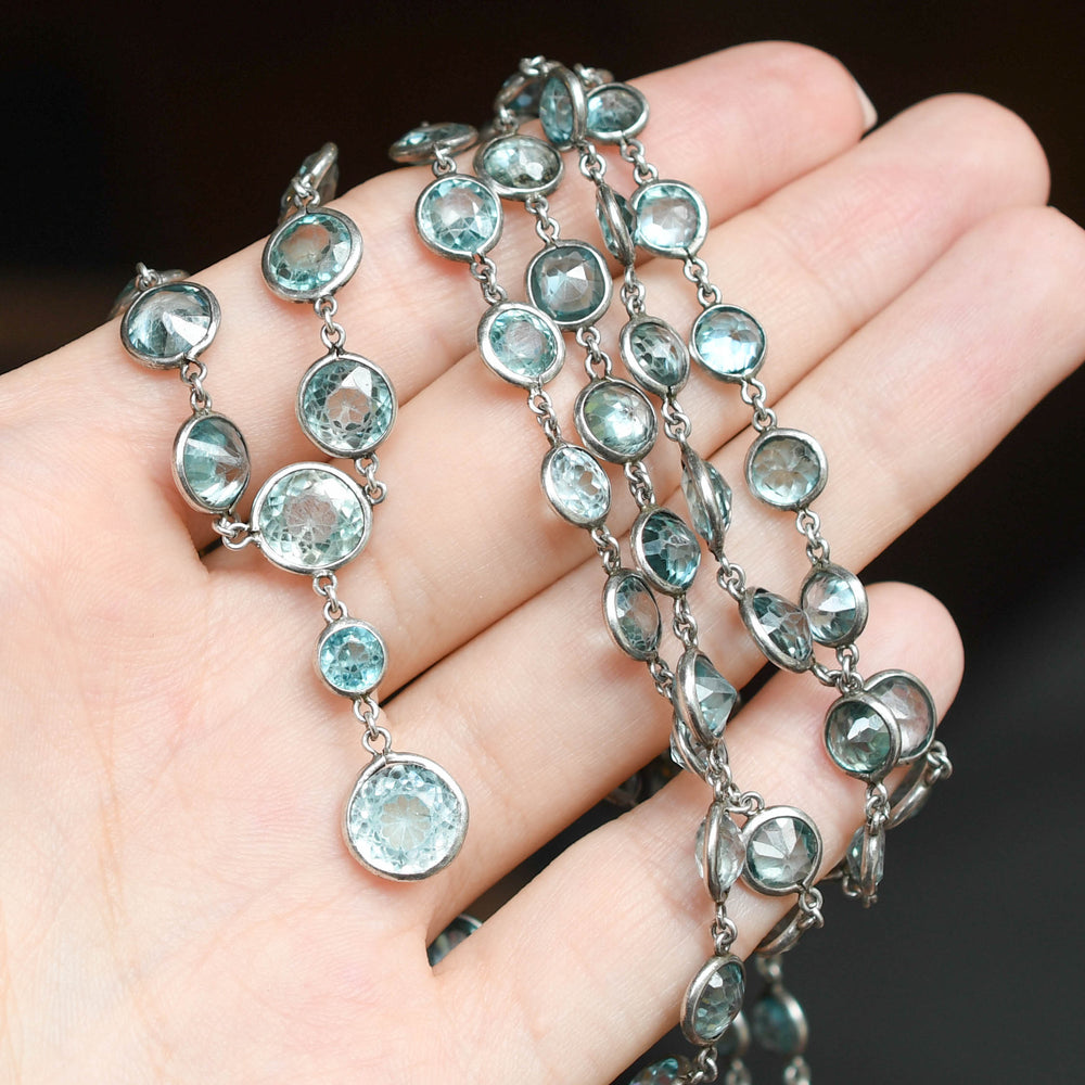 Edwardian Blue Zircon Silver Long Chain