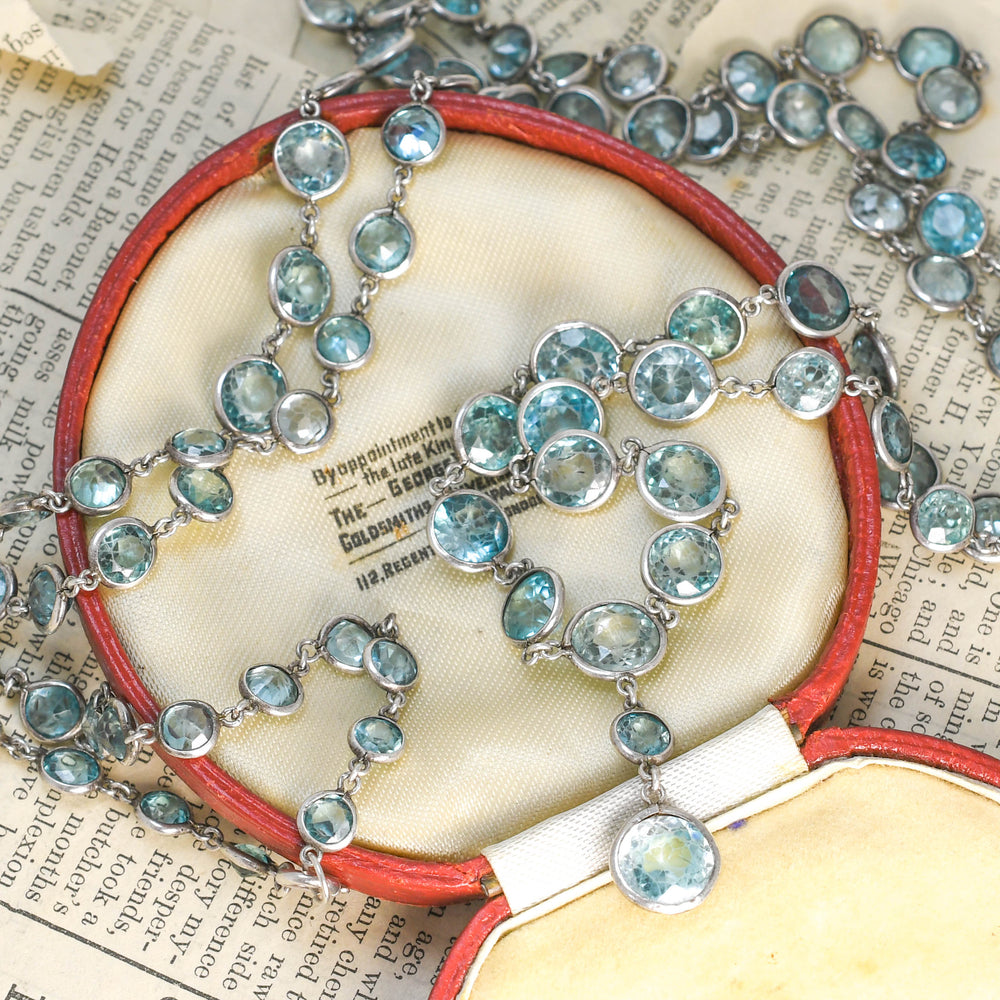 Edwardian Blue Zircon Silver Long Chain