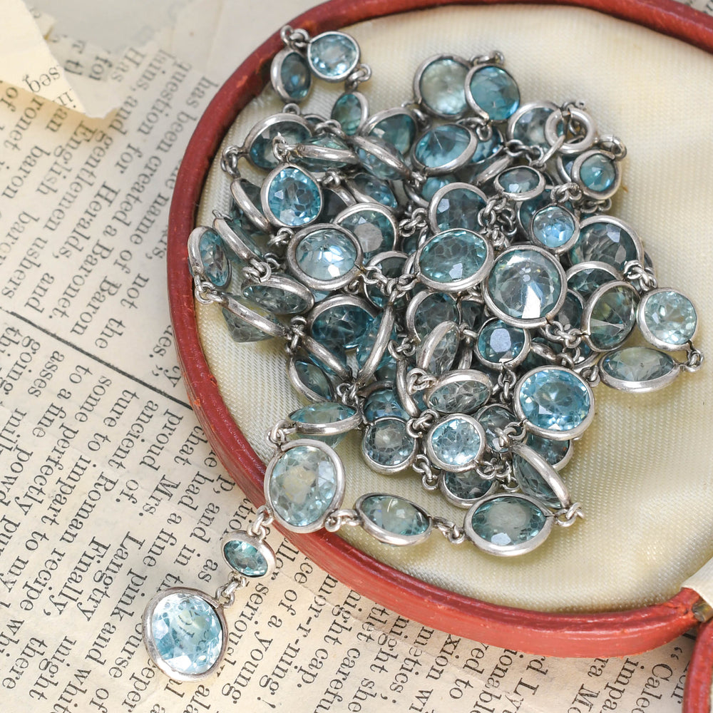 Edwardian Blue Zircon Silver Long Chain