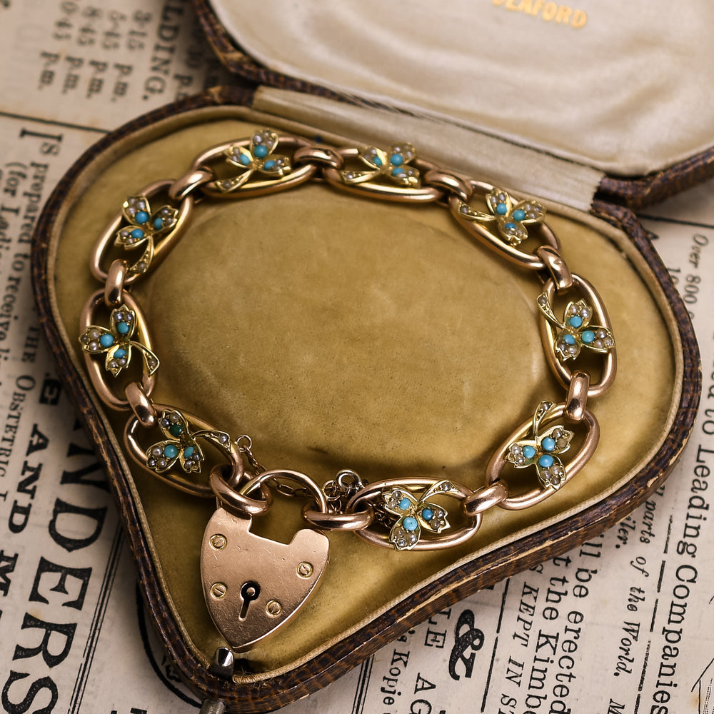 Edwardian Turquoise & Pearl Curb-Link Heart Padlock Bracelet