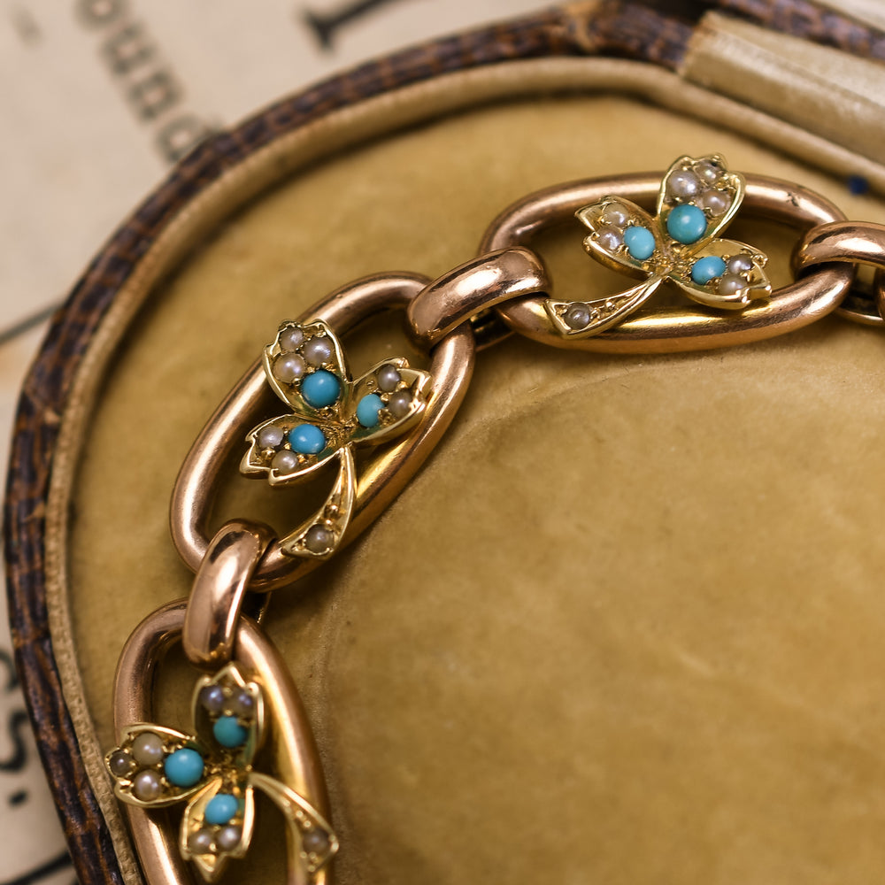 Edwardian Turquoise & Pearl Curb-Link Heart Padlock Bracelet