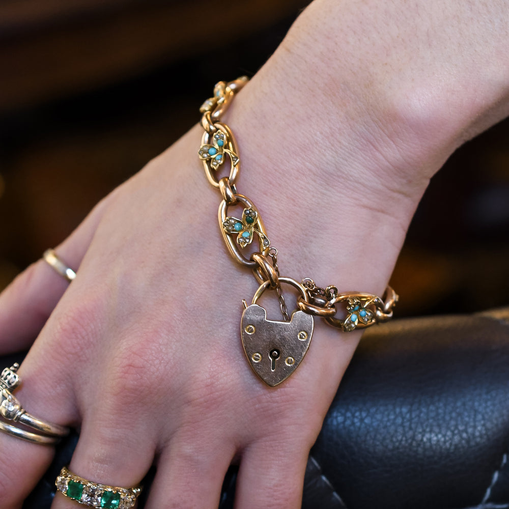 Edwardian Turquoise & Pearl Curb-Link Heart Padlock Bracelet