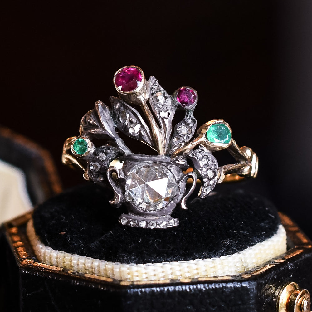 Georgian Diamond, Ruby & Emerald Giardinetti Ring