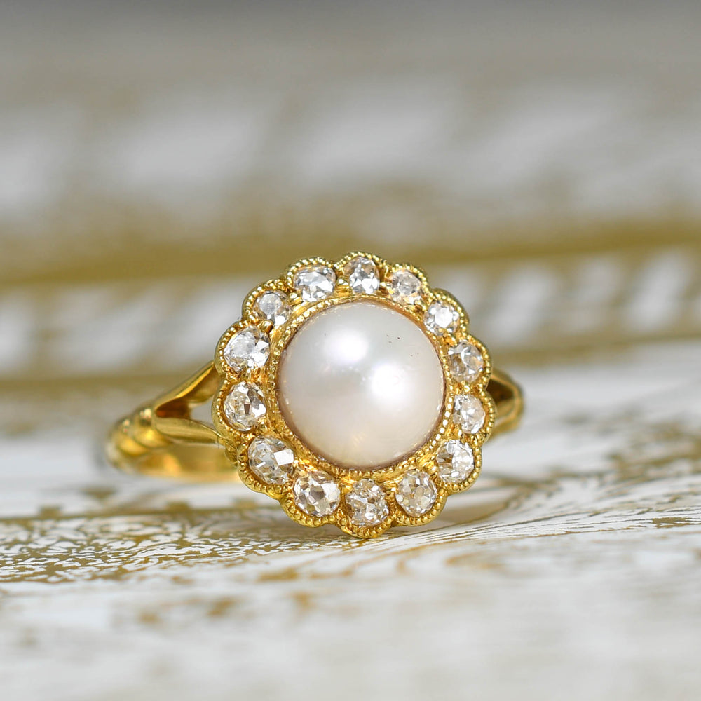 Pretty Antique Pearl & Diamond Cluster Ring