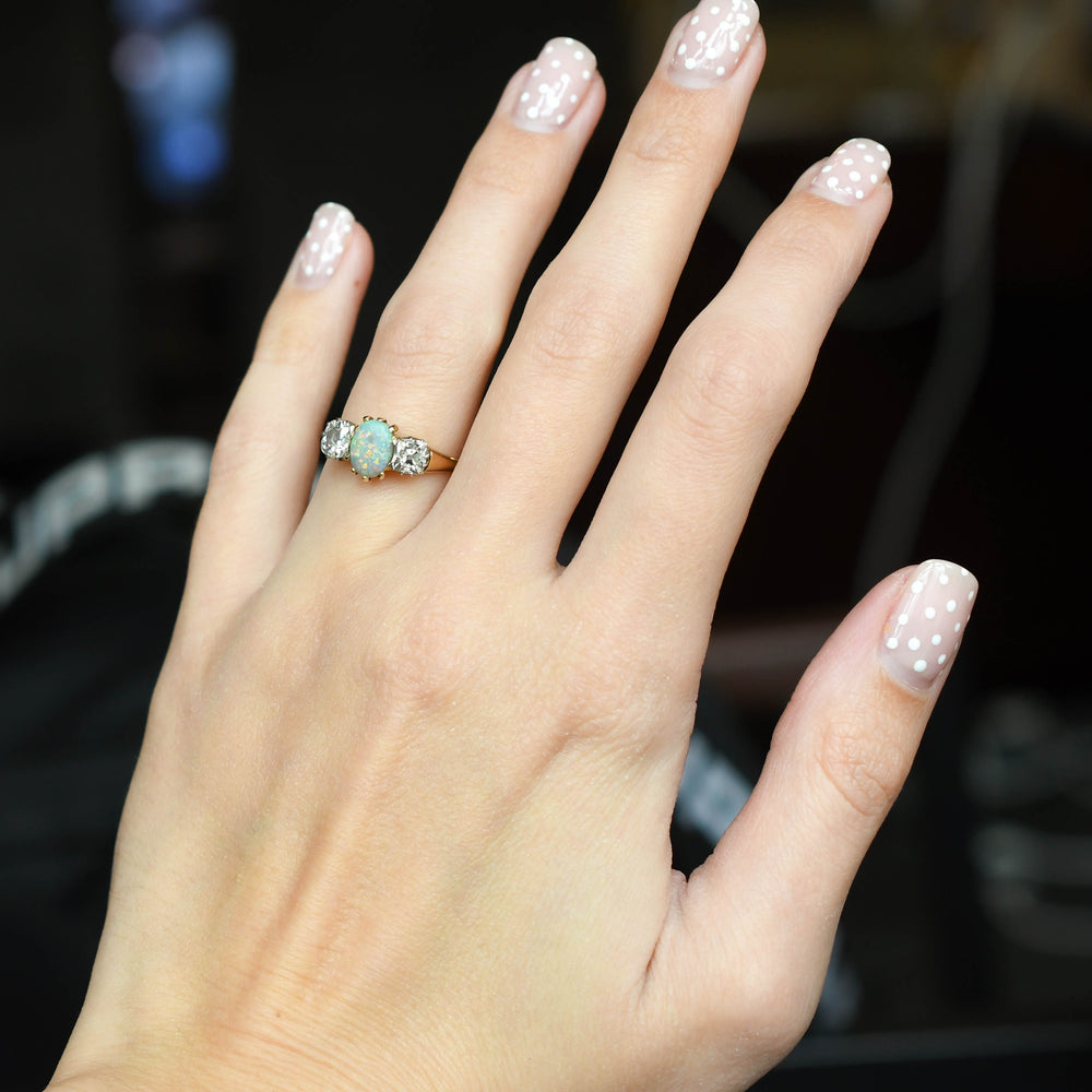1930's Opal & Cushion Cut Diamond Trilogy Ring
