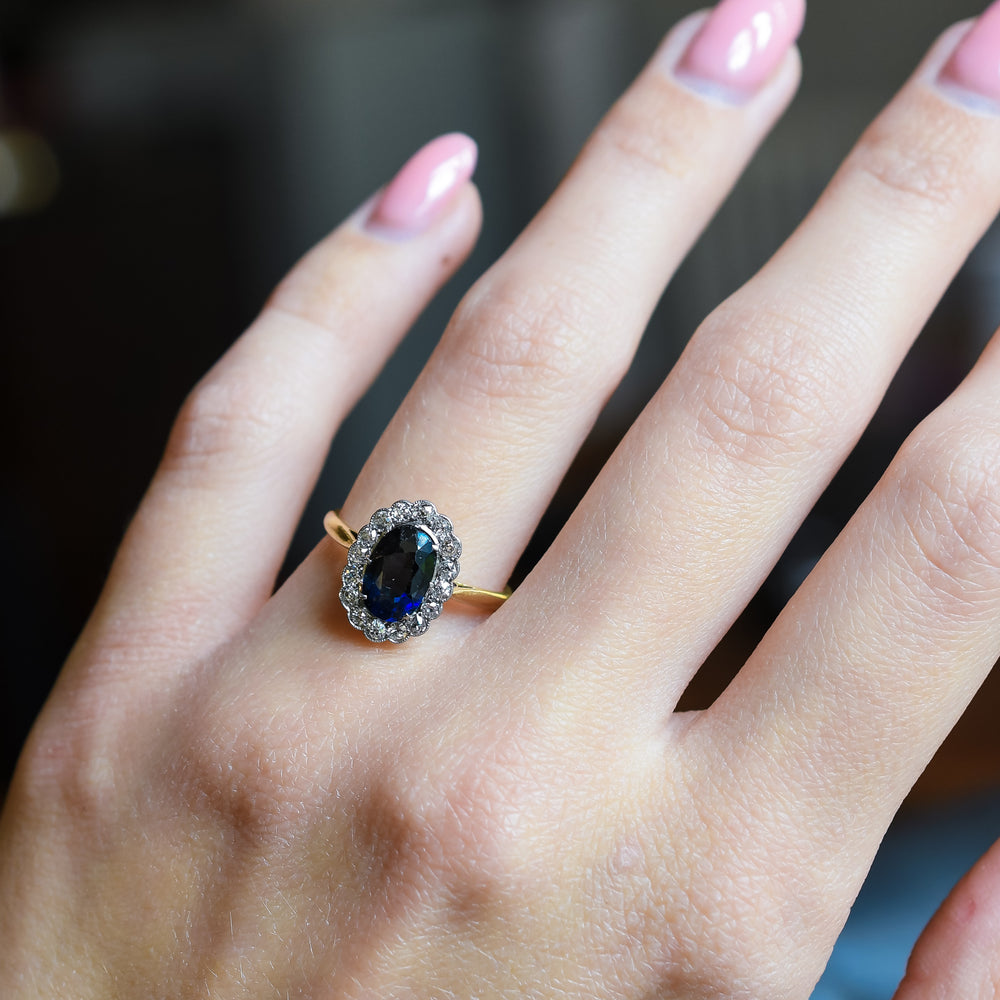 Edwardian Sapphire & Diamond Oval Cluster Ring