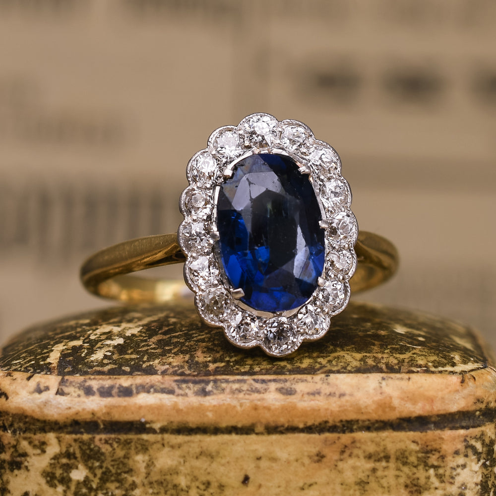 Edwardian Sapphire & Diamond Oval Cluster Ring