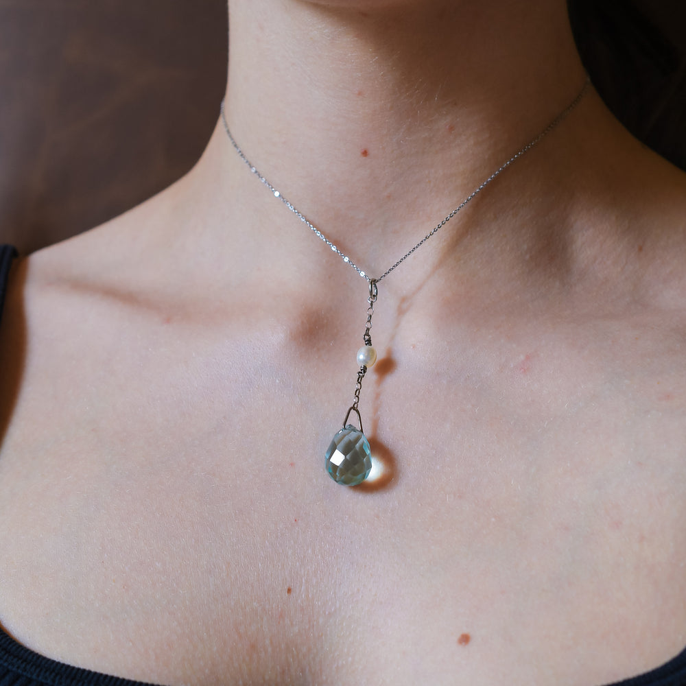 Art Deco Silver 15ct Briolette Aquamarine & Pearl Pendant