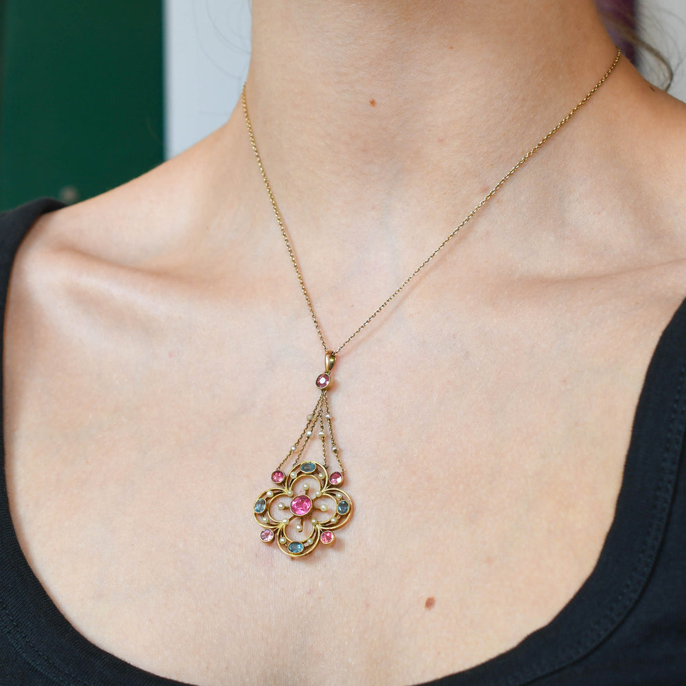 Edwardian Aquamarine, Tourmaline & Pearl Flower Drop Pendant