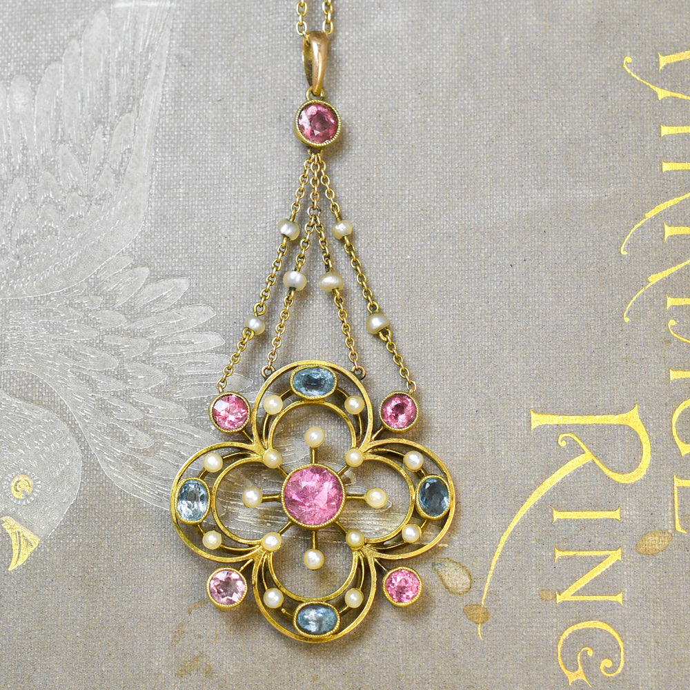 Edwardian Aquamarine, Tourmaline & Pearl Flower Drop Pendant