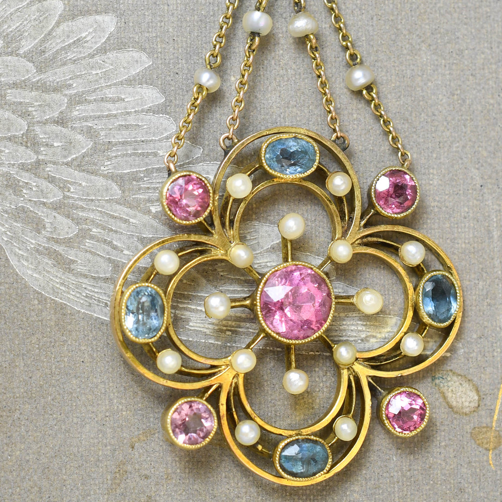 Edwardian Aquamarine, Tourmaline & Pearl Flower Drop Pendant