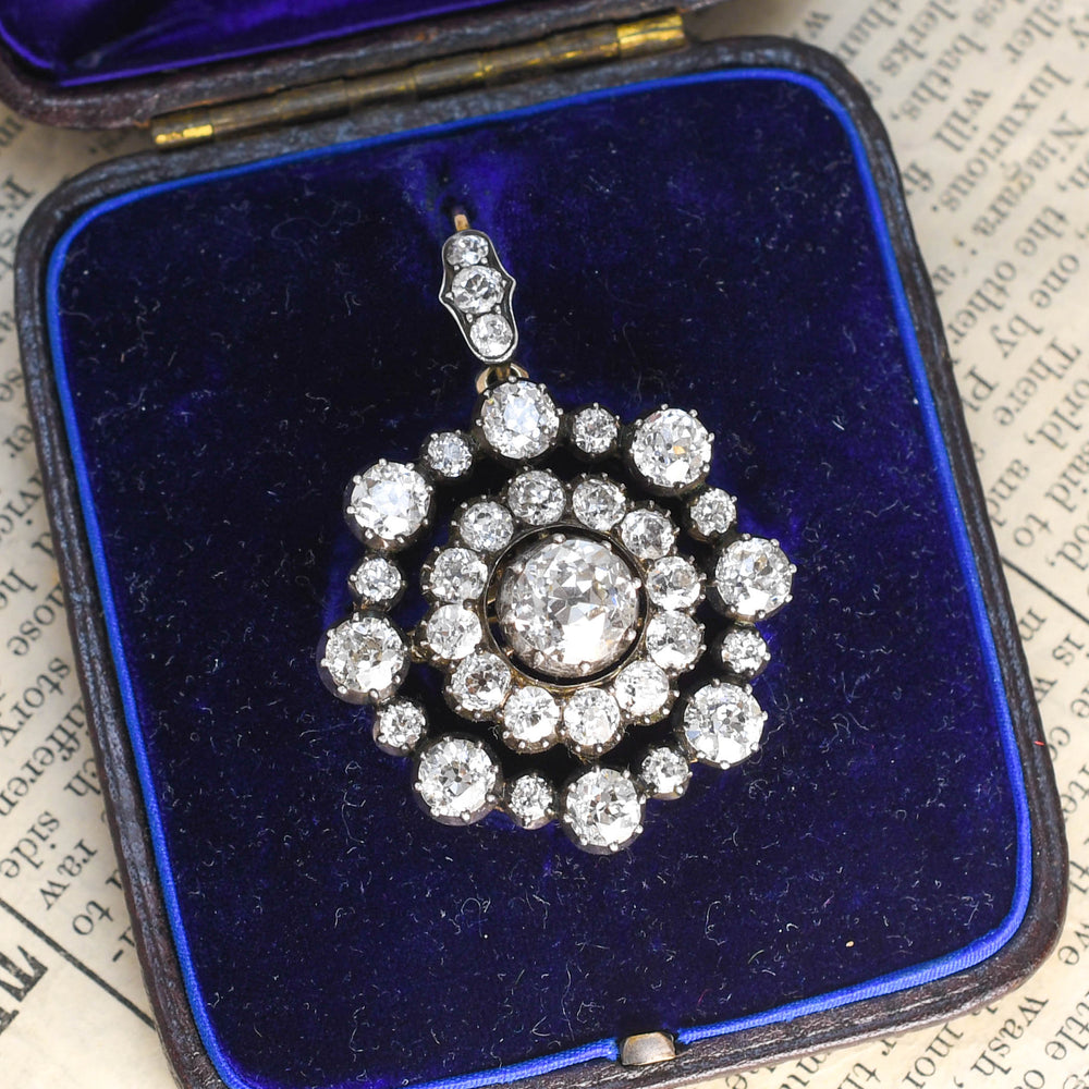 Georgian Boxed 8.46ct Diamond Cluster Brooch Pendant