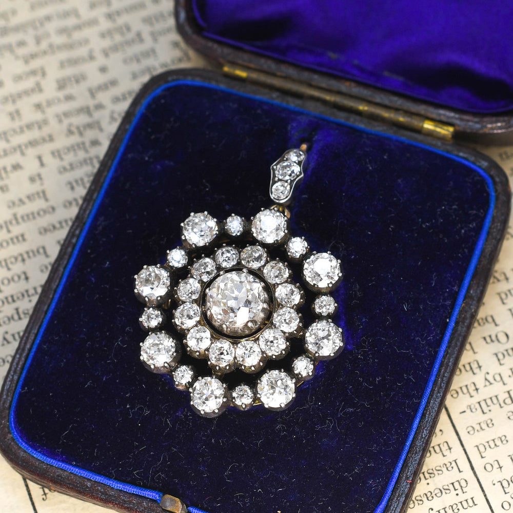 Georgian Boxed 8.46ct Diamond Cluster Brooch Pendant