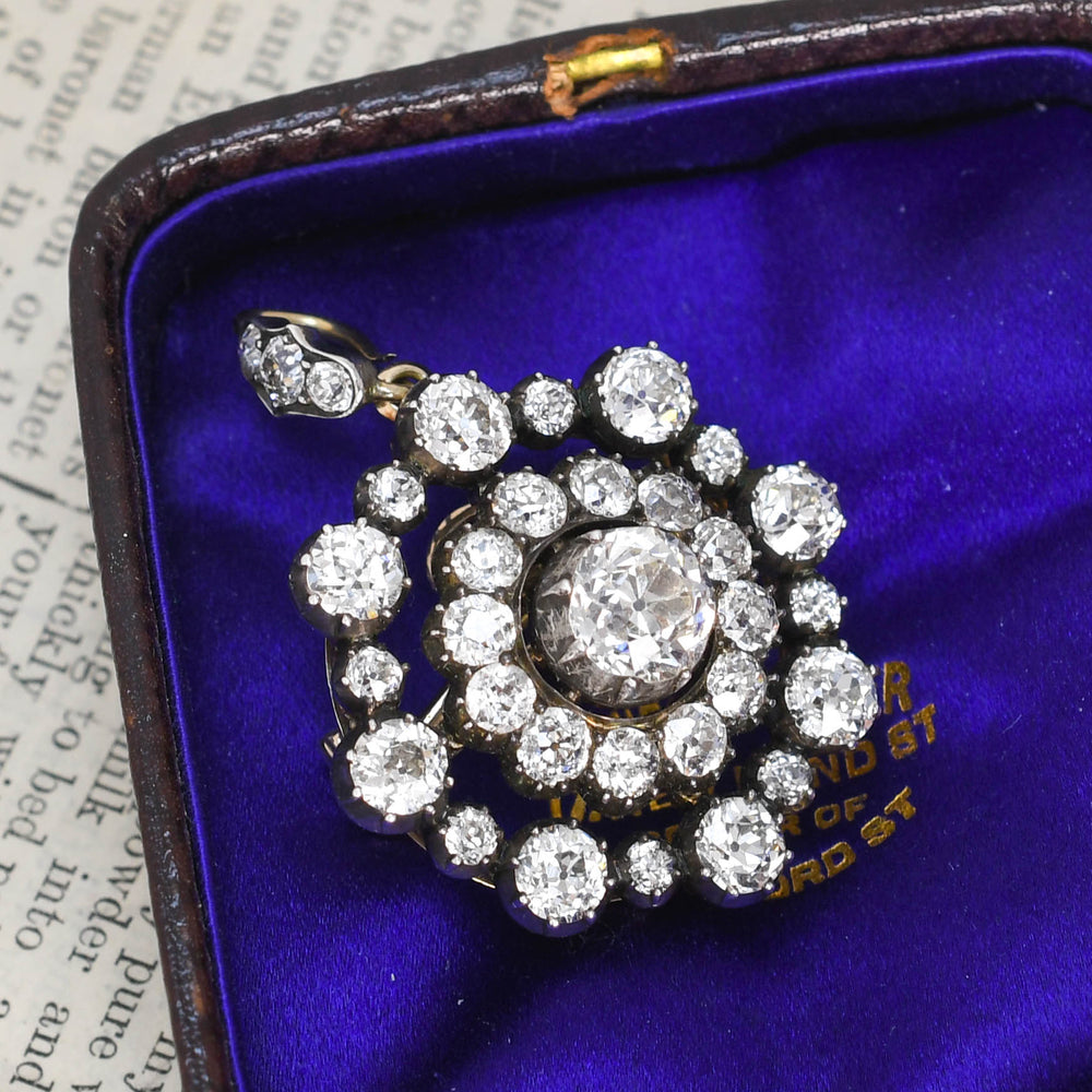 Georgian Boxed 8.46ct Diamond Cluster Brooch Pendant