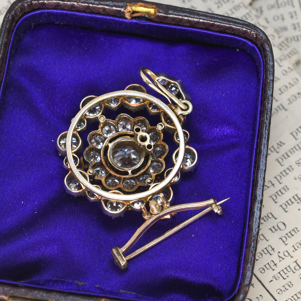 Georgian Boxed 8.46ct Diamond Cluster Brooch Pendant