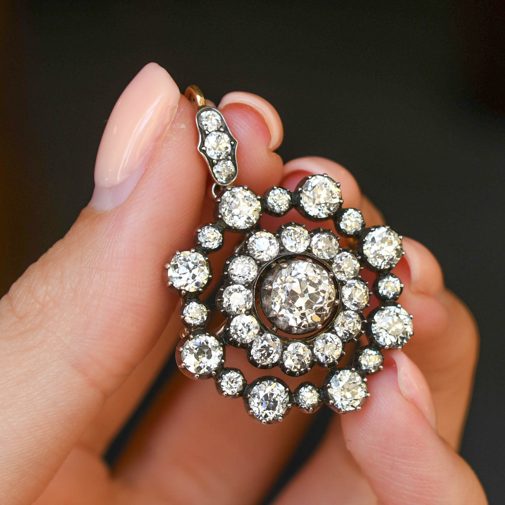 Georgian Boxed 8.46ct Diamond Cluster Brooch Pendant