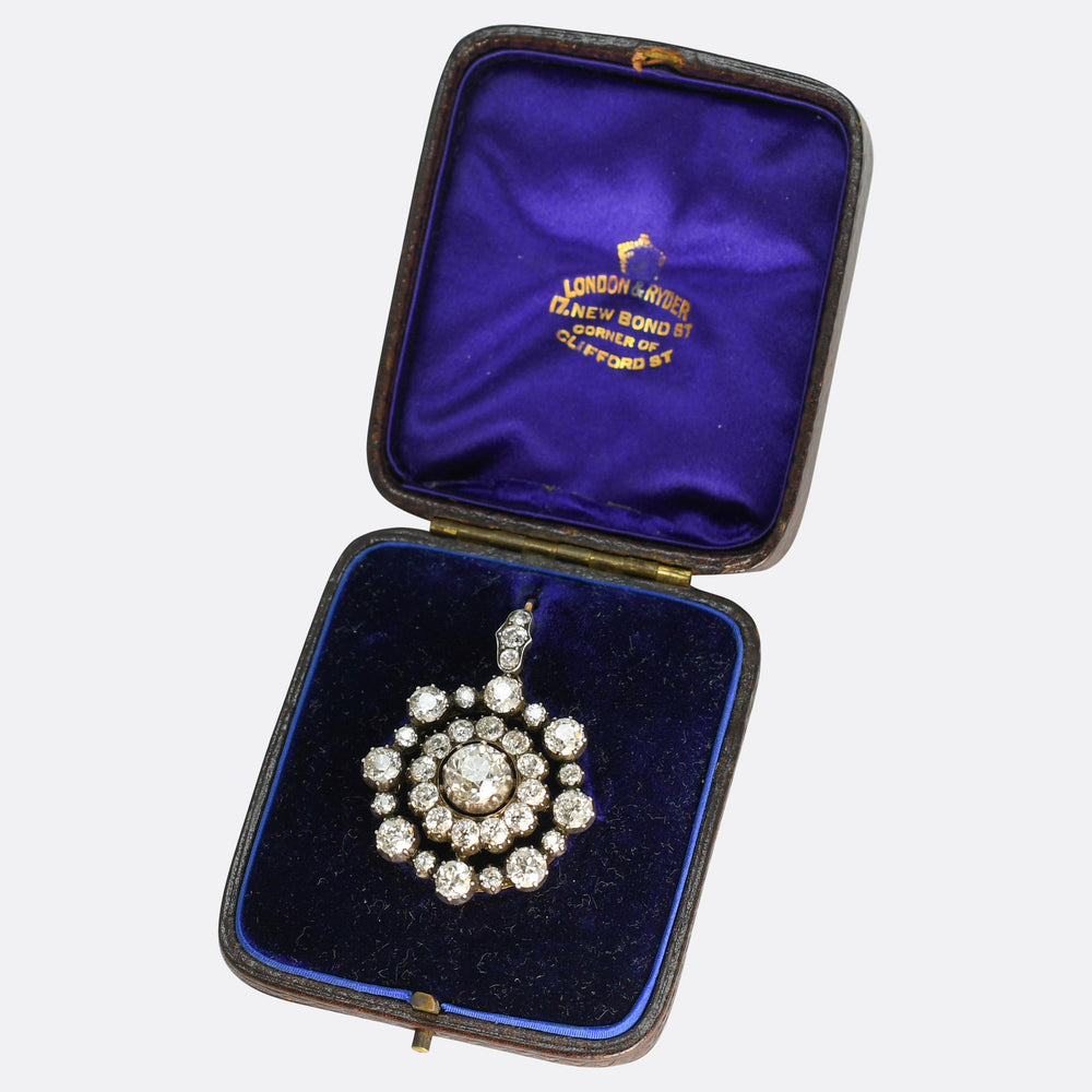 Georgian Boxed 8.46ct Diamond Cluster Brooch Pendant