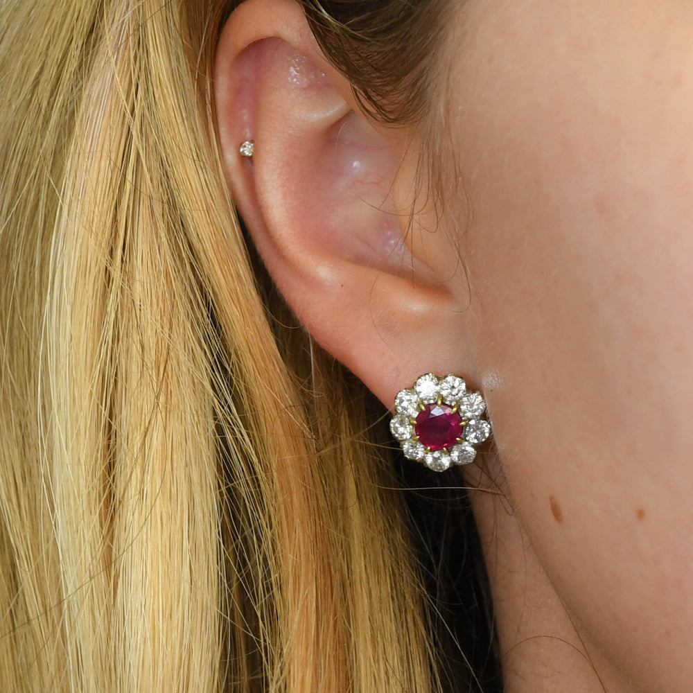 Victorian Ruby & Diamond Flower Cluster Earrings by Asprey London
