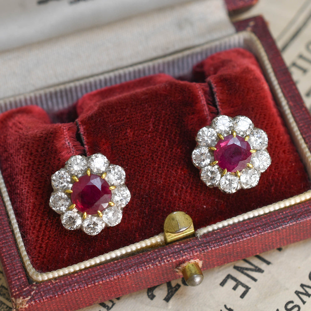 Victorian Ruby & Diamond Flower Cluster Earrings by Asprey London