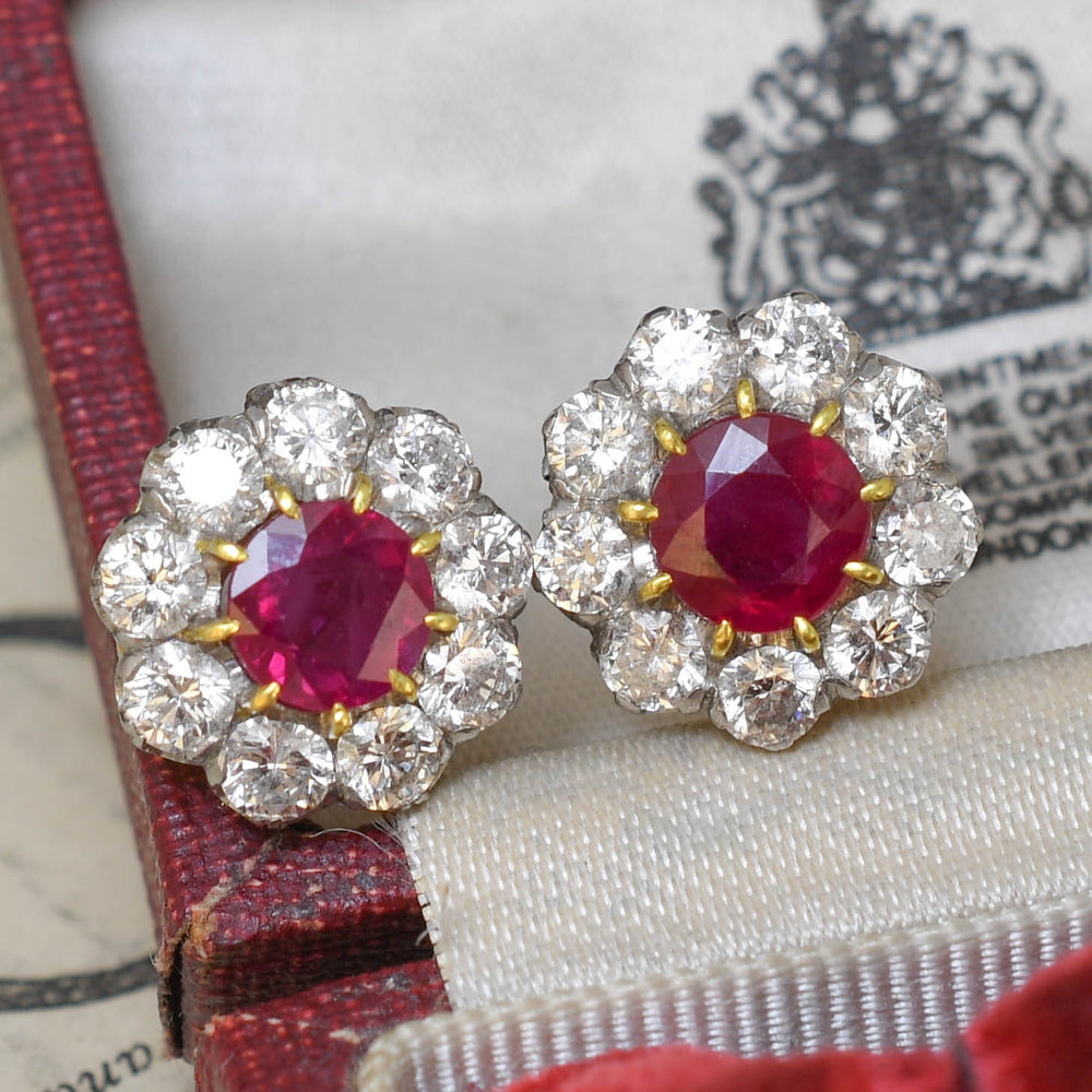 Victorian Ruby & Diamond Flower Cluster Earrings by Asprey London
