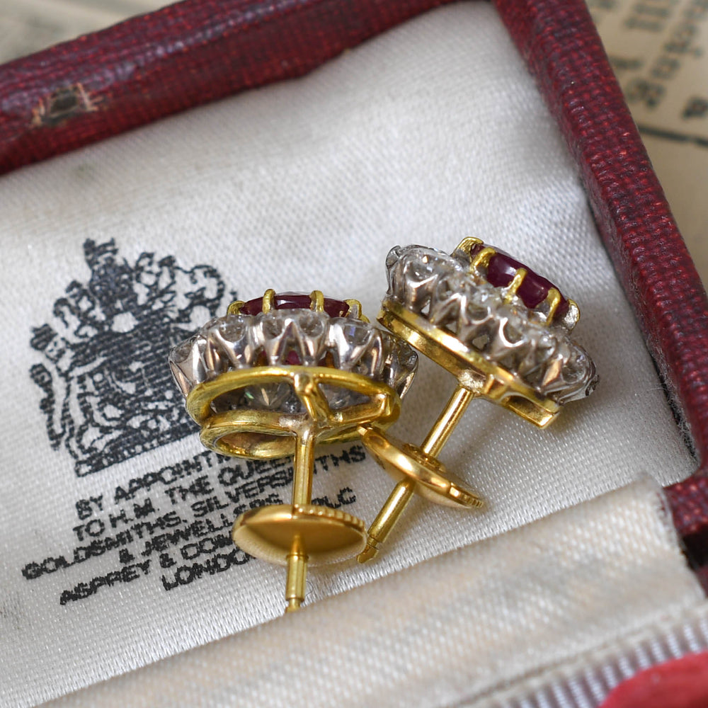 Victorian Ruby & Diamond Flower Cluster Earrings by Asprey London