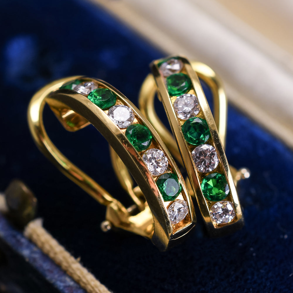 Vintage Tiffany Emerald & Diamond Hoop Earrings