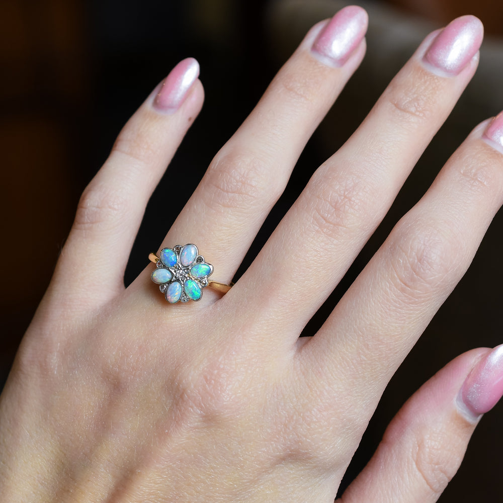 Art Deco Opal & Diamond Flower Cluster Ring