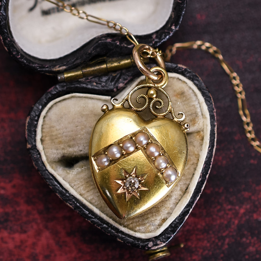 Edwardian Pearl Puffed Heart Pendant & Chain