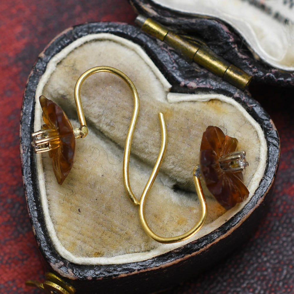 Late Victorian Carved Citrine & Diamond Flower Earrings