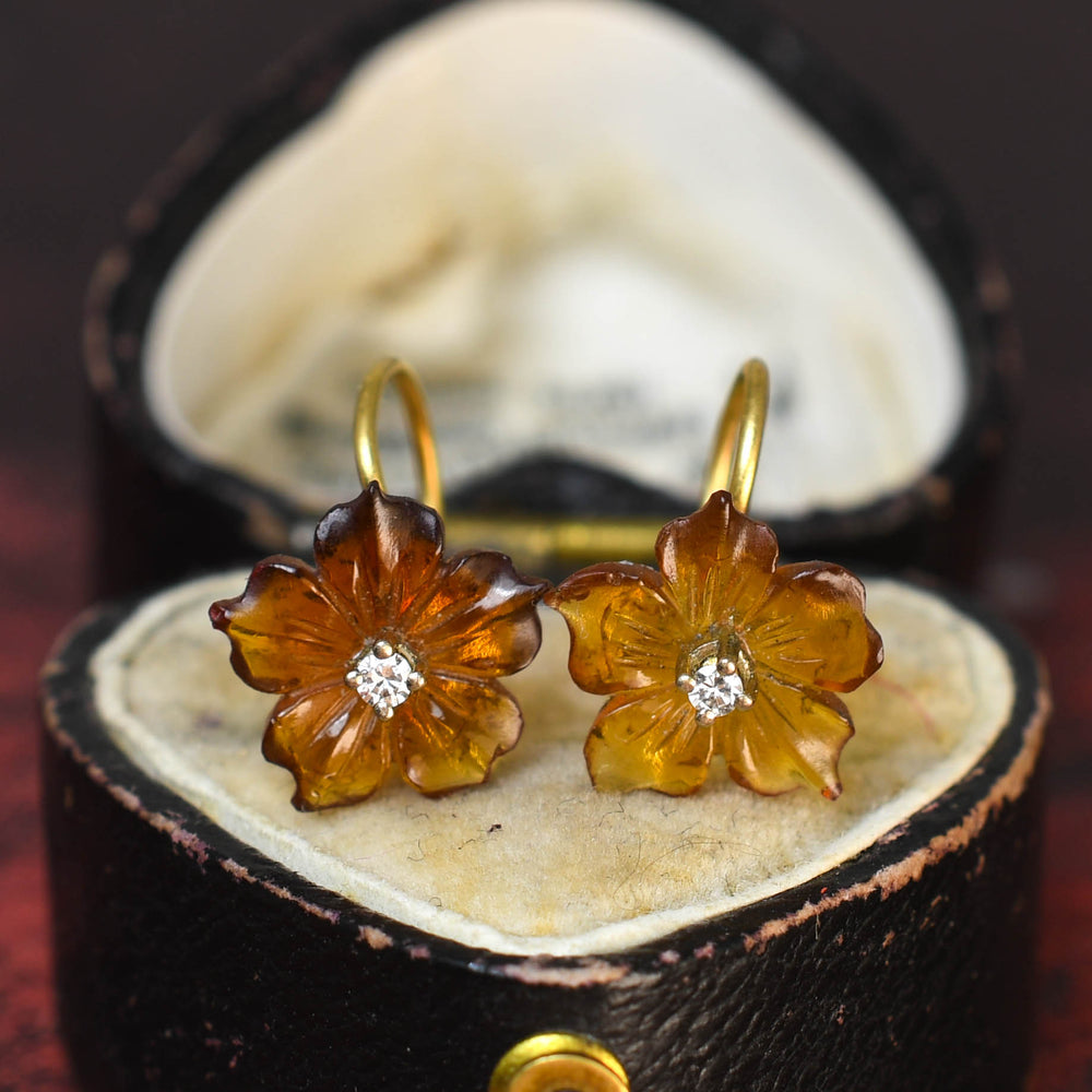 Late Victorian Carved Citrine & Diamond Flower Earrings