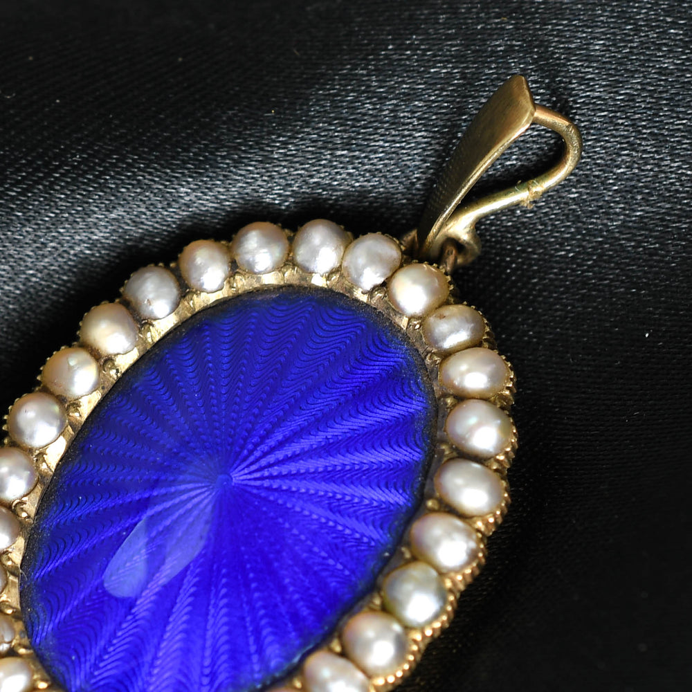 Georgian Guilloché Enamel & Pearl Oval Pendant
