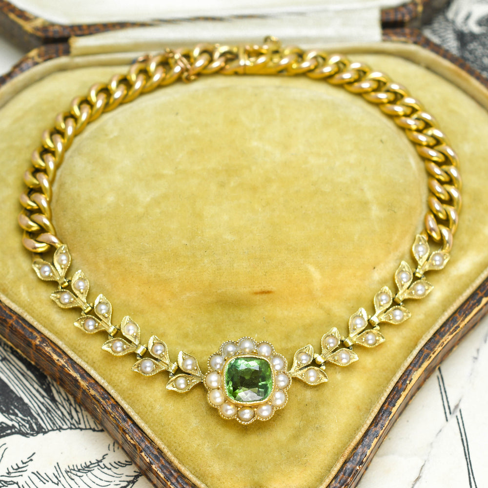 Edwardian Tourmaline & Pearl Flower Cluster Chain Bracelet