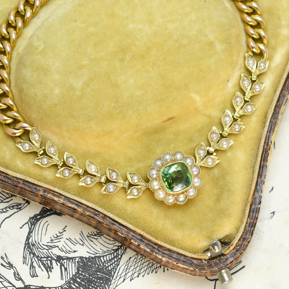 Edwardian Tourmaline & Pearl Flower Cluster Chain Bracelet