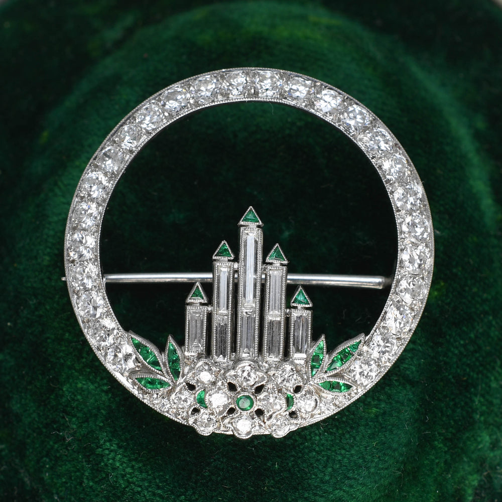 Art Deco Diamond & Emerald Advent Candle Wreath Brooch